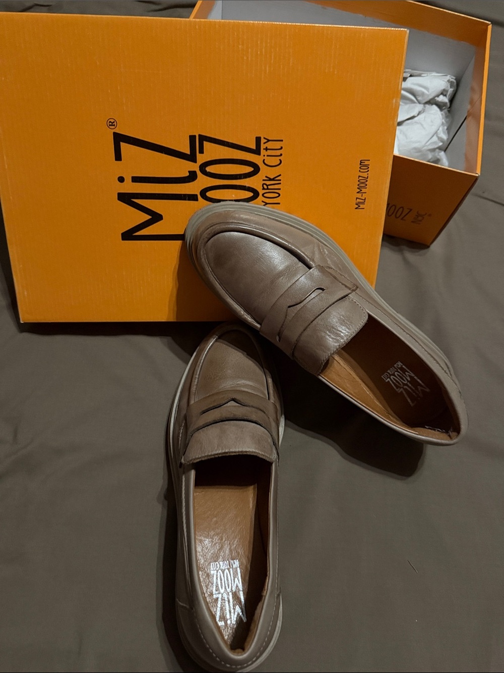 Miz Mooz Leather Taupe Penny Loafers